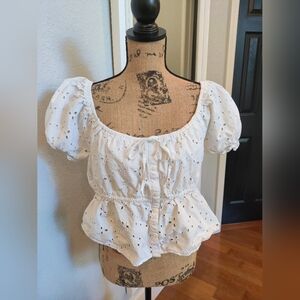 AE Cotton Eyelet Peplum Boat Neck Crop Top